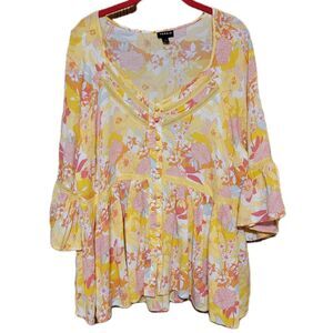 Torrid Womens Blouse 3/4 Sleeve Floral Babydoll Boho Peasant Yellow 1X